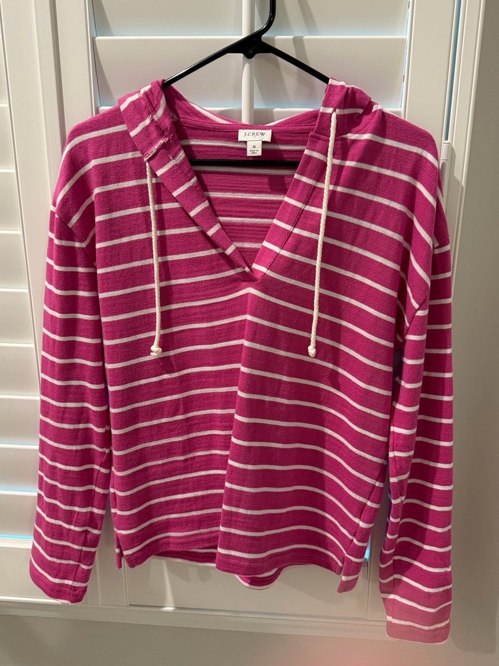 J. Crew Factory Fuchsia and White Striped Hooded V-Neck Pullover